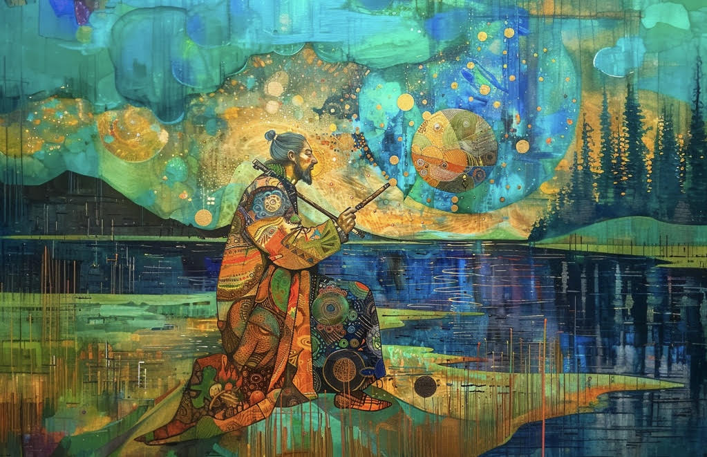 An AI generated image of a man sitting at a lake with an instrument<br />
