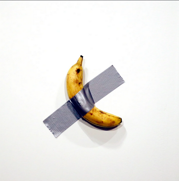 "Comedian"<br />
A modern art piece of a banana taped to a wall<br />

